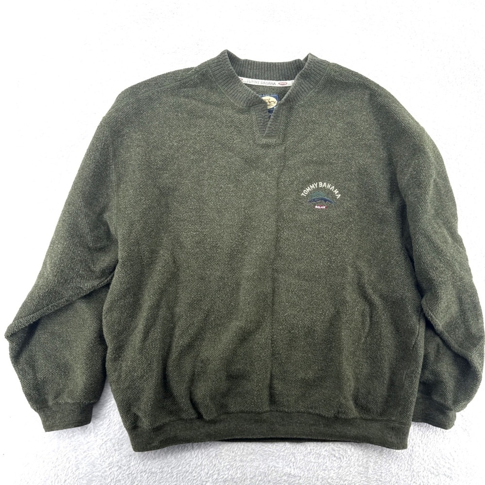 Tommy Bahama Mens Sweater Medium Green Y2K Cotton Pullover Marlin Fish Logo